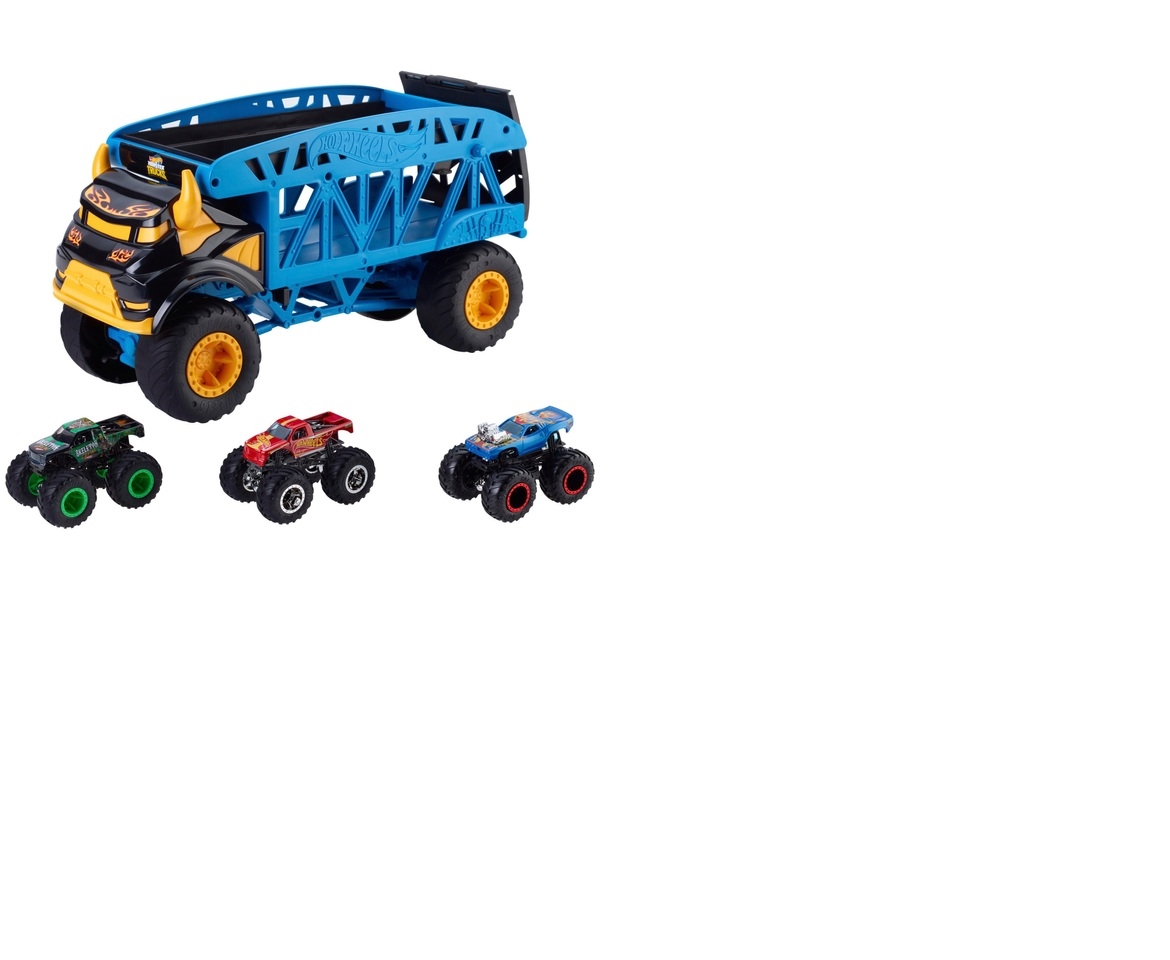 Hot Wheels - Transporteur Monster Mover et 3 Véhicules Monster Trucks