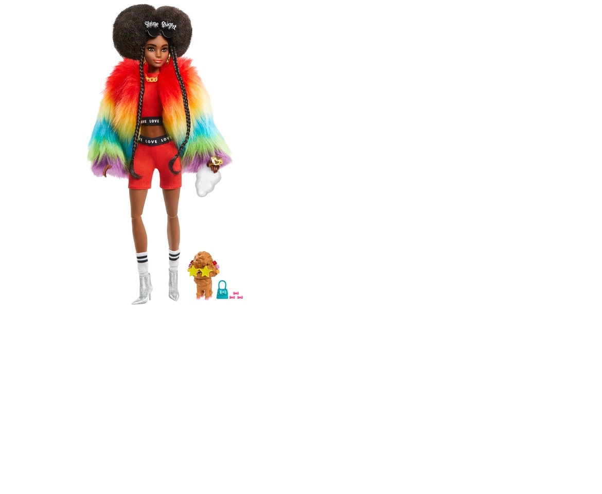 barbie extra doll in rainbow coat with pet poodle