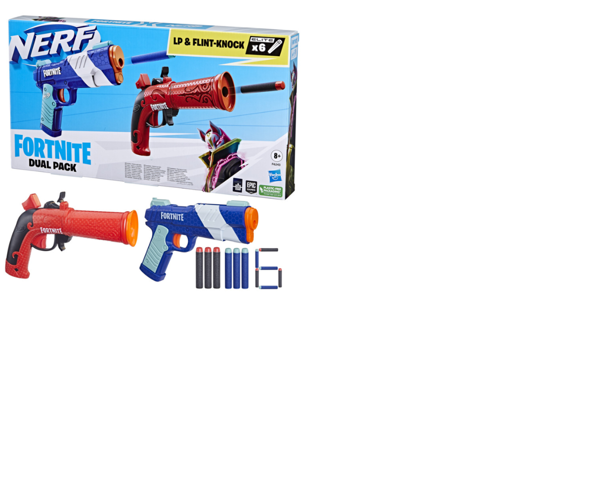 NERF Fortnite Dual Pack Includes 2 Fortnite Blasters, Flint-Knock Dart  Blaster, LP Dart Blaster, and 6 Nerf Elite Foam Darts