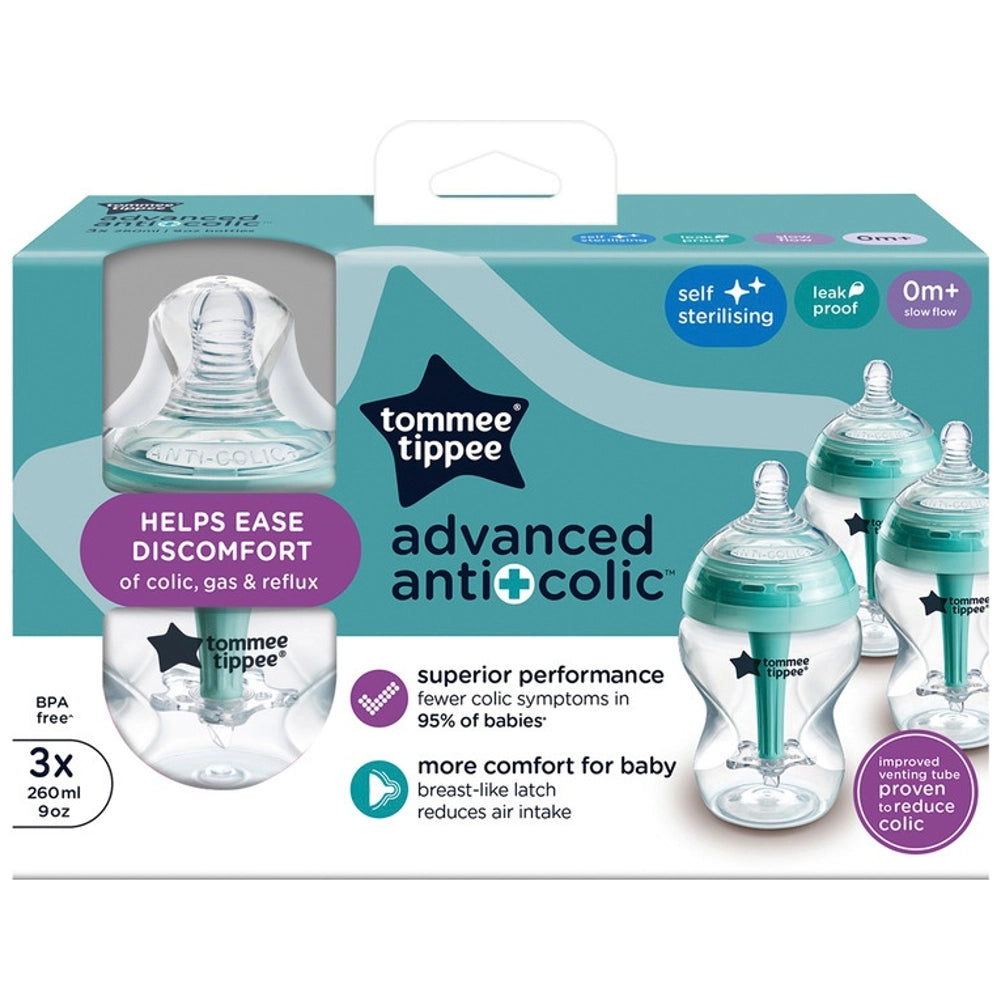 Tommee Tippee Self-Sterilising Anti-Colic Baby Bottles 260Ml Slow-Flow 3 Pack