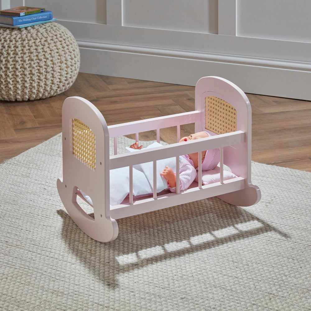Ivy & Lily Wooden Baby Doll Rattan Cradle