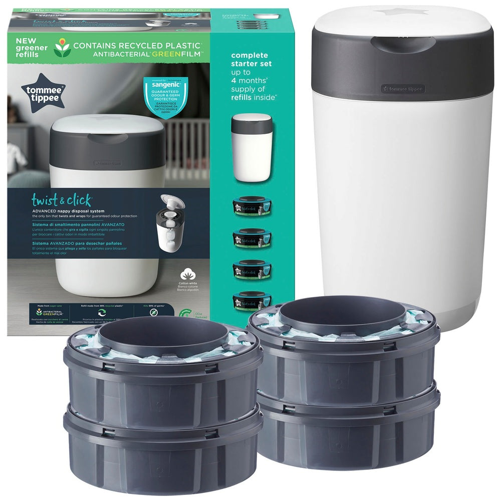 Tommee Tippee Twist & Click Advanced Nappy Bin Starter Set With 4 Cassettes