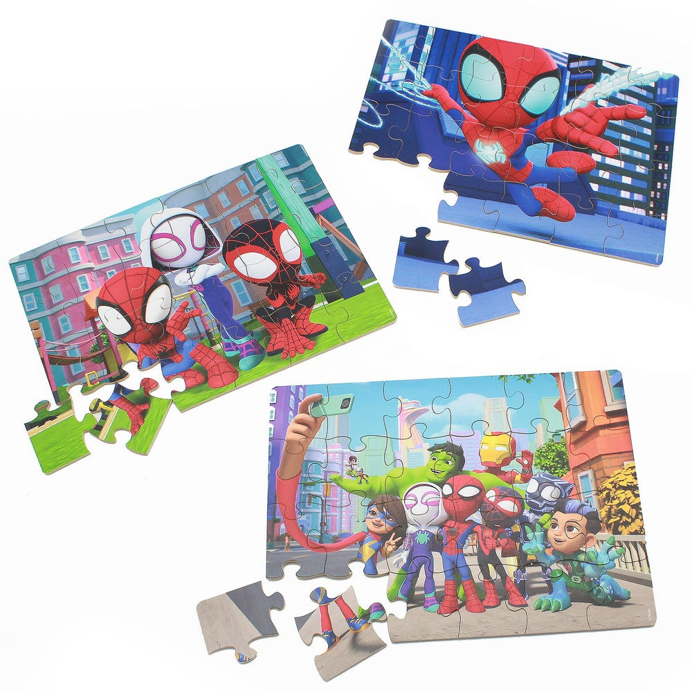 Marvel Spidey And His Amazing Friends Wooden Puzzle 3 Pack And Storage Tray