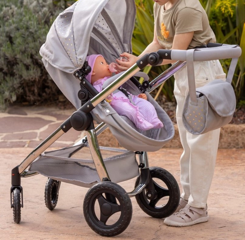 Ivy & Lily Premium 2-In-1 Doll Travel System - Grey With Gold Love Hearts