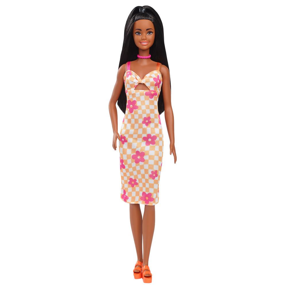 Barbie Fashionistas Doll 233 With Black Hair & Checkered Flower Midi Dress