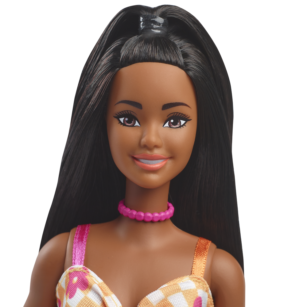 Barbie Fashionistas Doll 233 With Black Hair & Checkered Flower Midi Dress