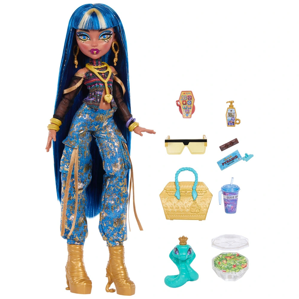 Monster High Cleo De Nile Fashion Doll In Cargo Pants With Pet Hissette And 7 Accessories