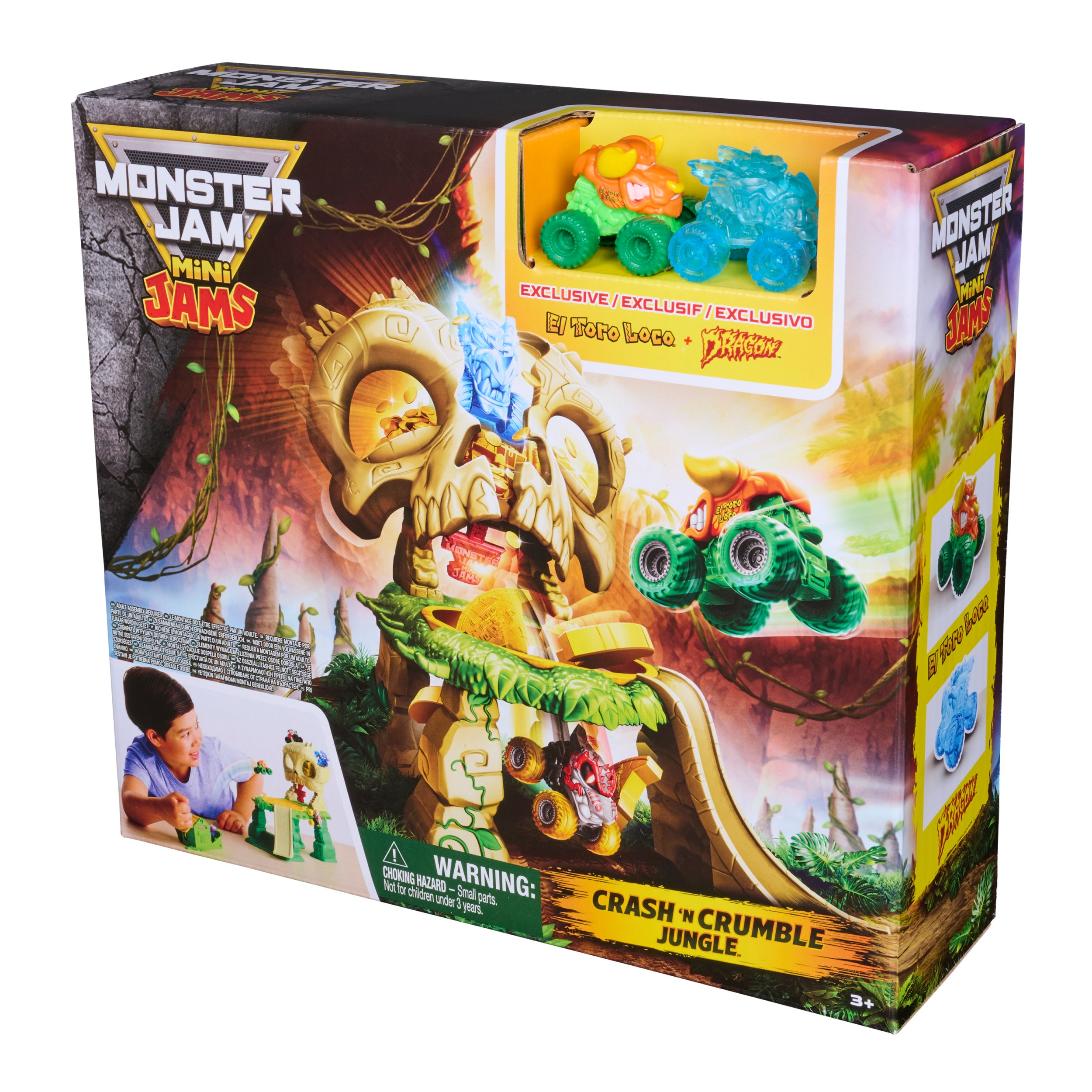 Monster Jam Mini Jams, Crash & Crumble Skull Escape Playset , 2 Exclusive Die-Cast El Toro Loco And Dragon Monster Trucks