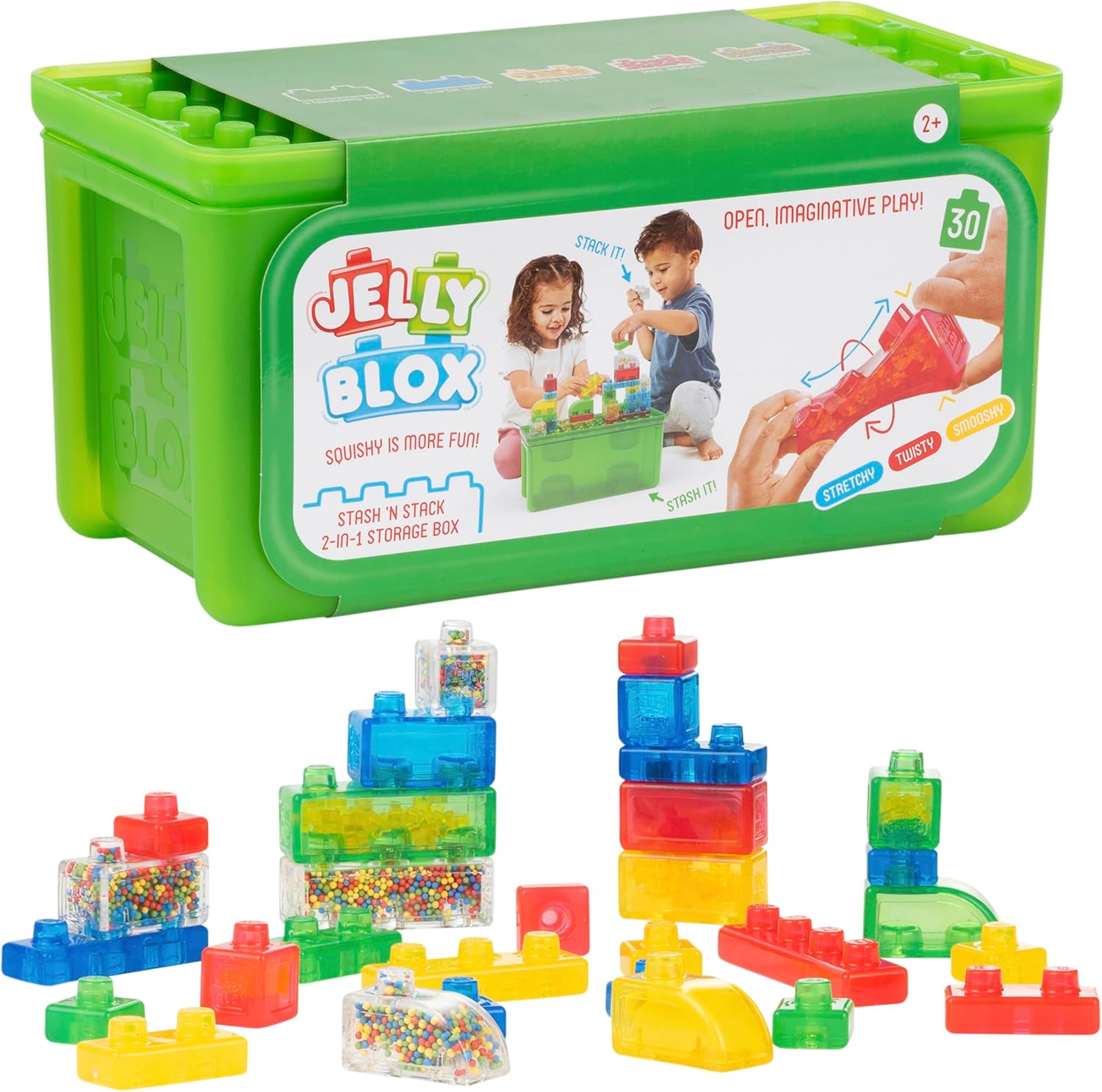 Jelly Blox Stash 'N Stack 2 In 1 Storage Box With 30 Sensory Building Blocks