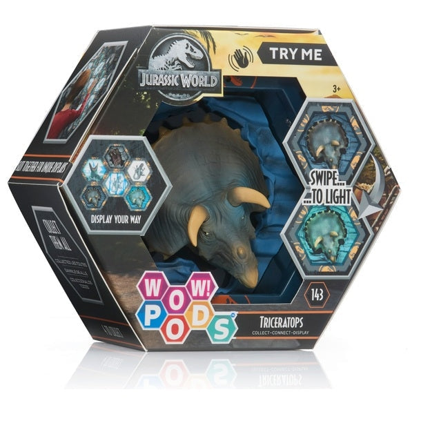 Hexagonal packaging of a toy T-Rex with interactive elements on a white background