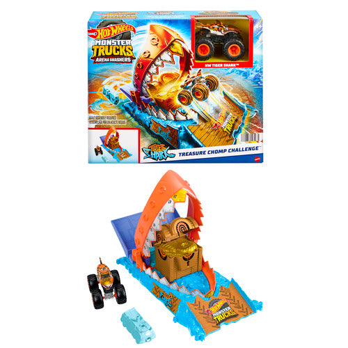 Hot Wheels Monster Trucks Arena Smashers Treasure Chomp Challenge Playset With 1:64 Scale Tiger Shark Toy Truck & Crushed Car