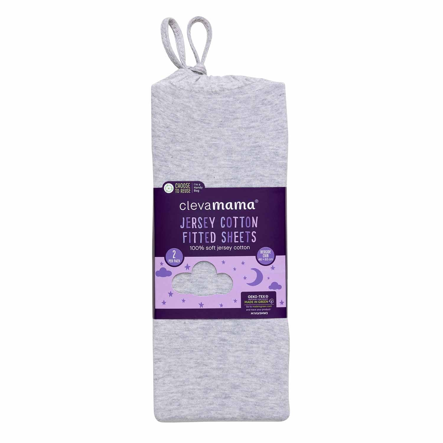 Clevamama Jersey Cotton Fitted Sheets Bedside Crib 46X83X10Cm - Melange Grey
