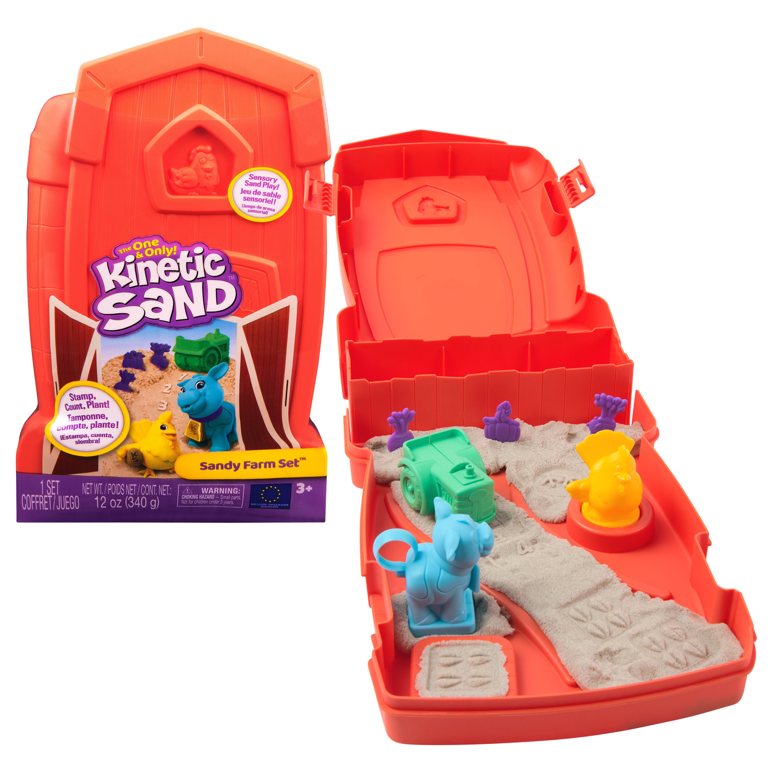Kinetic Sand, Sandy Farm Set With 340G Play Sand, 6 Tools And Moulds, Reusable Barn Storage Case