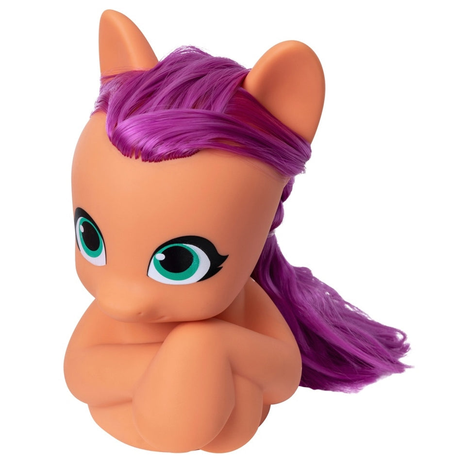 Toy pony with purple hair and green eyes on a white background
