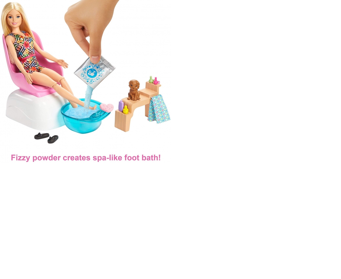 Barbie Manicure Pediure Spa Bambola con Cucciolo e Accessori Giocattol –  Esplodia