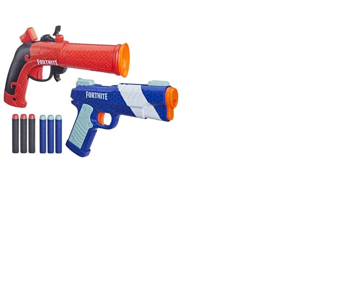 NERF Fortnite Dual Pack Includes 2 Fortnite Blasters, Flint-Knock Dart  Blaster, LP Dart Blaster, and 6 Nerf Elite Foam Darts