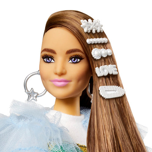 Barbie Extra Doll - Blue Ruffled Coat With Pet Crocodile
