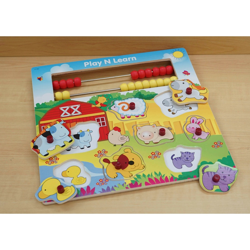 Play And Learn Wooden Puzzle Farm Animals And Abacus