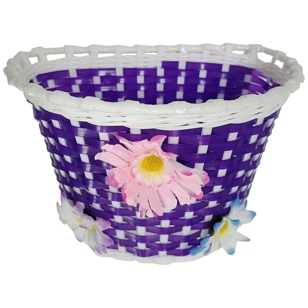 Purple Woven Plastic Bike Basket With Flowers