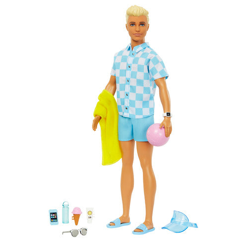 Blonde Ken Doll With Swim Trunks And Beach-Themed Accessories