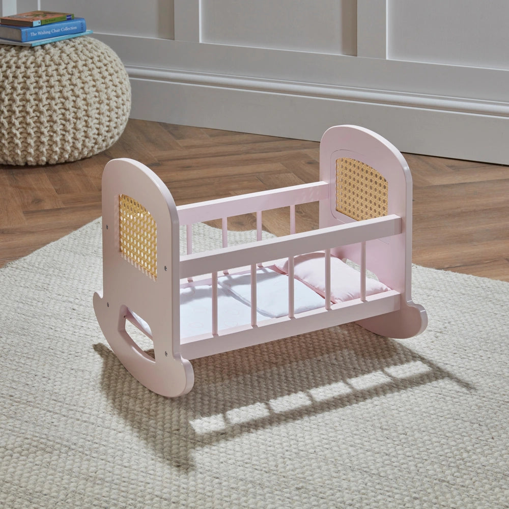 Dimples Wooden Rattan Dolls Cradle