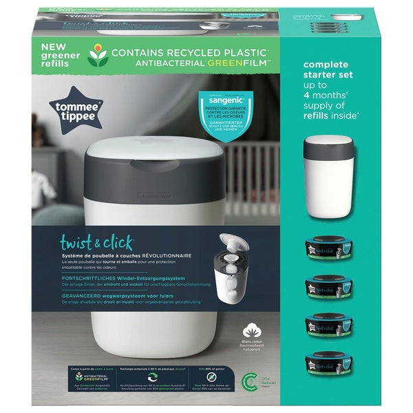 Tommee Tippee Twist & Click Advanced Nappy Bin Starter Set With 4 Cassettes
