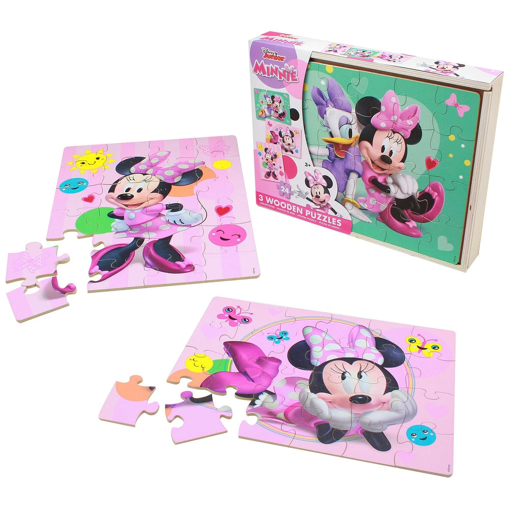 Minnie Mouse Wooden Puzzles 3 Pack In Wood Storage Tray