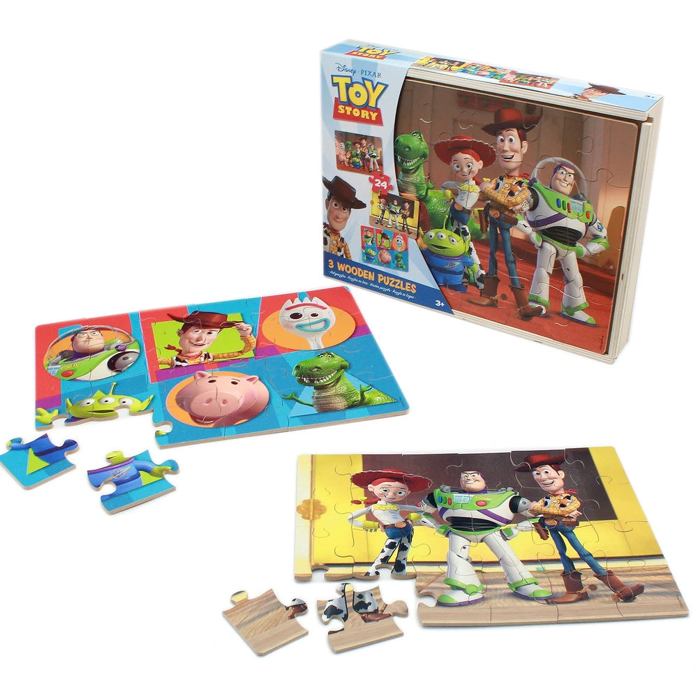 Disney Toy Story 24 Piece Wooden Puzzles 3 Pack With Storage Tray