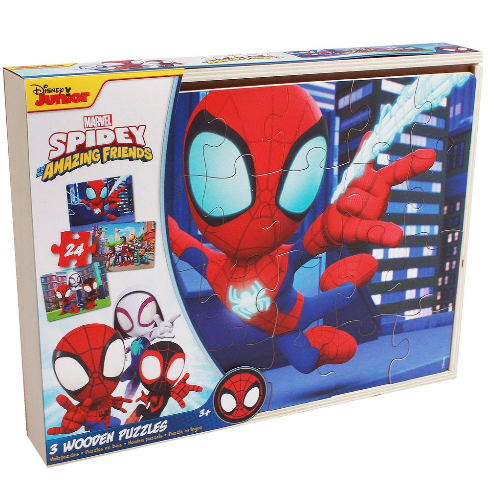 Marvel Spidey And His Amazing Friends Wooden Puzzle 3 Pack And Storage Tray