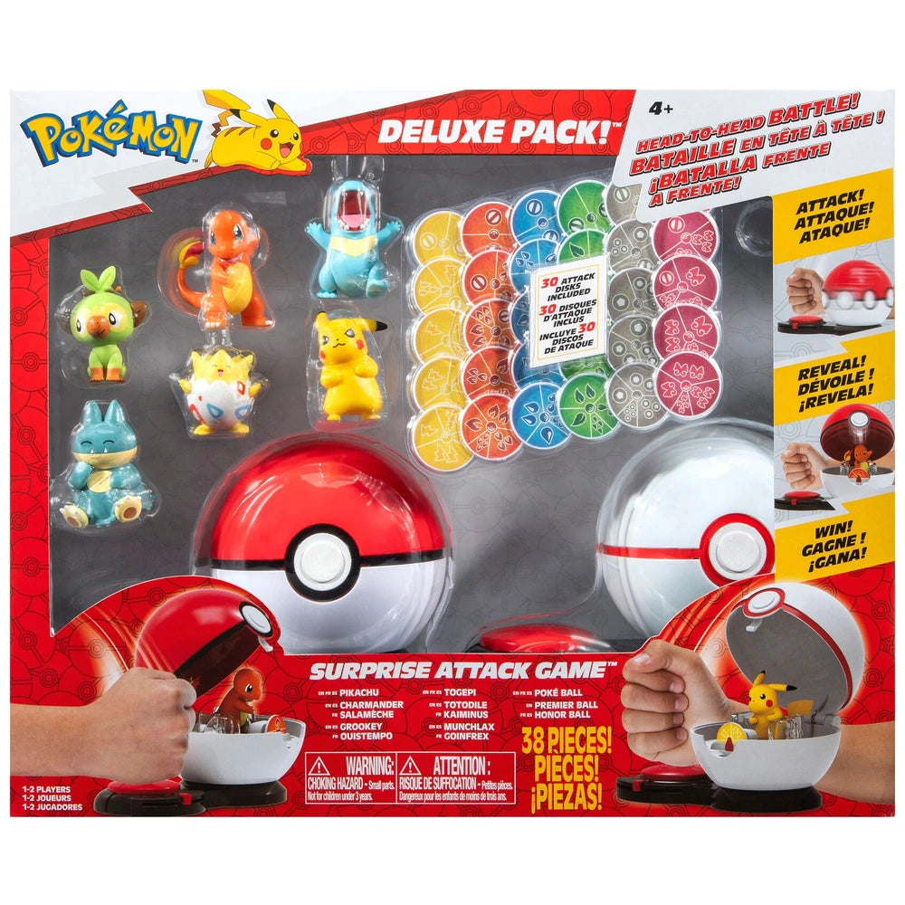 Pokémon Surprise Attack Game - 5Cm Pikachu, Charmander, Grookey, Togepi, Totodile, Munchlax With Poké Ball And Premier Ball Plus 30 Attack Discs
