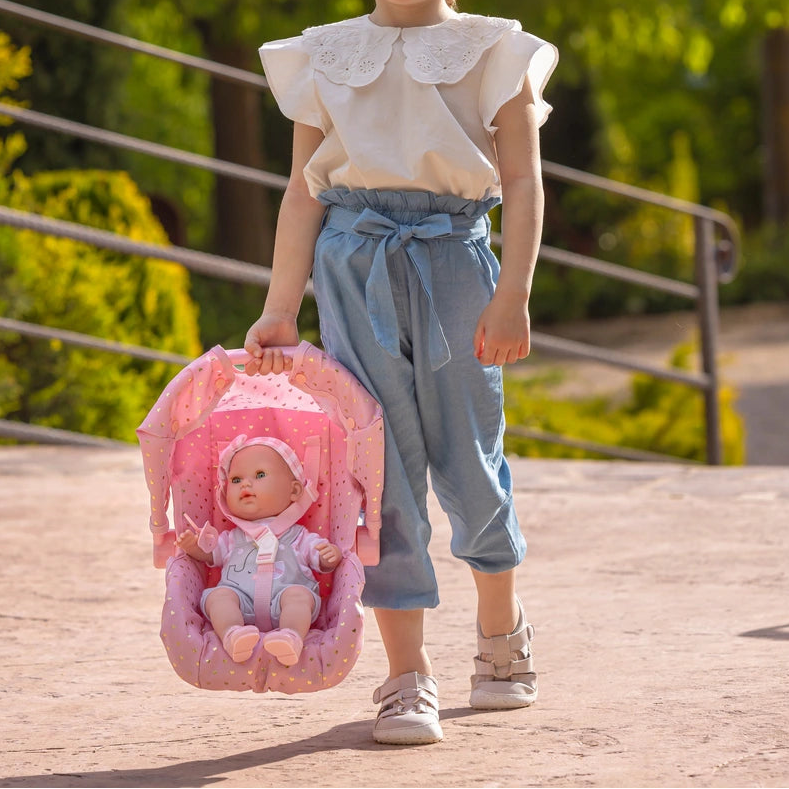 Doll Carrier And Car Seat In Pink Love Heart Print