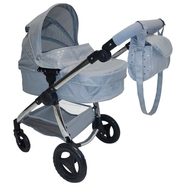 Premium 2-In-1 Doll Travel System - Grey With Gold Love Hearts