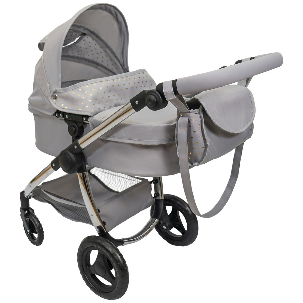 Premium 2-In-1 Doll Travel System - Grey With Gold Love Hearts