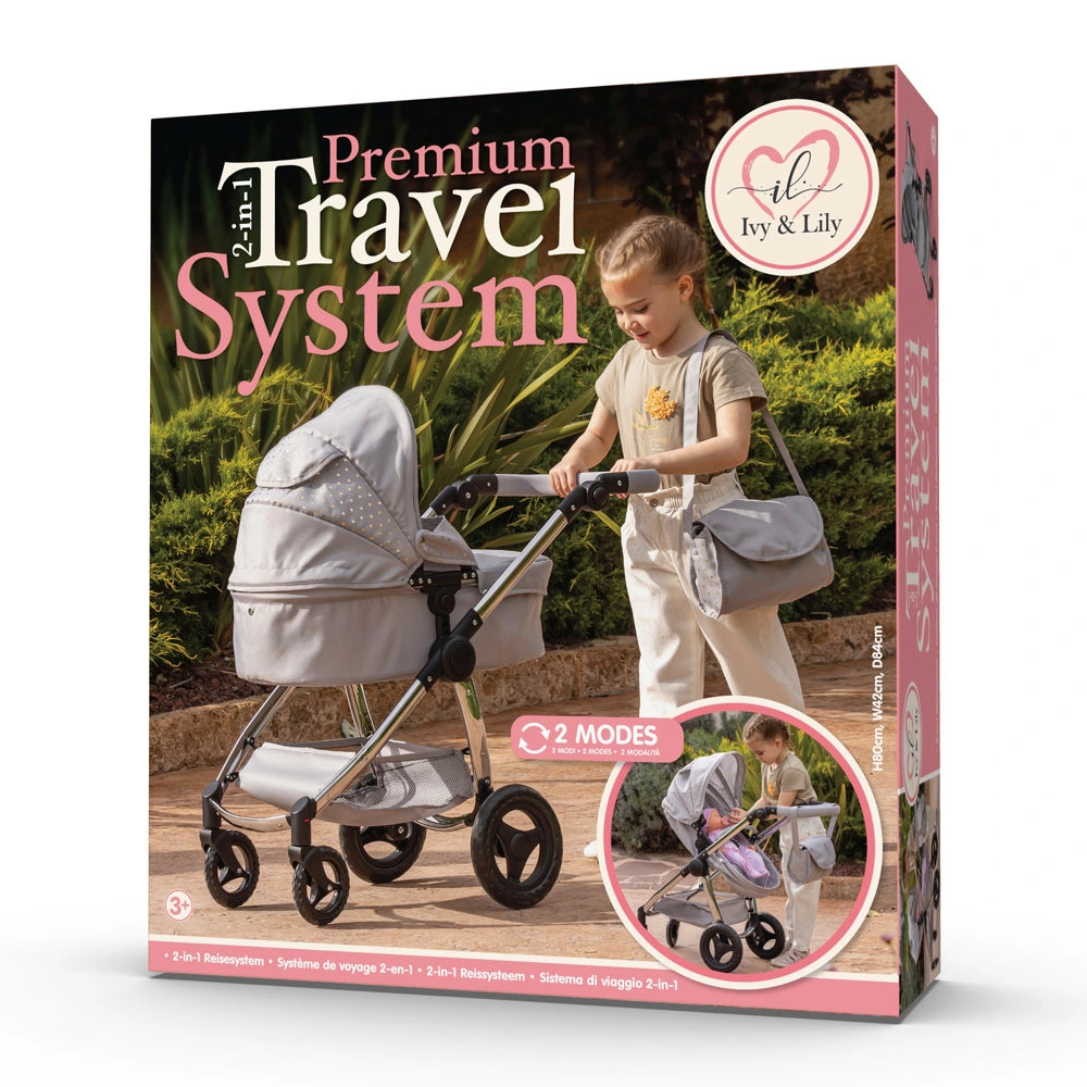 Ivy & Lily Premium 2-In-1 Doll Travel System - Grey With Gold Love Hearts