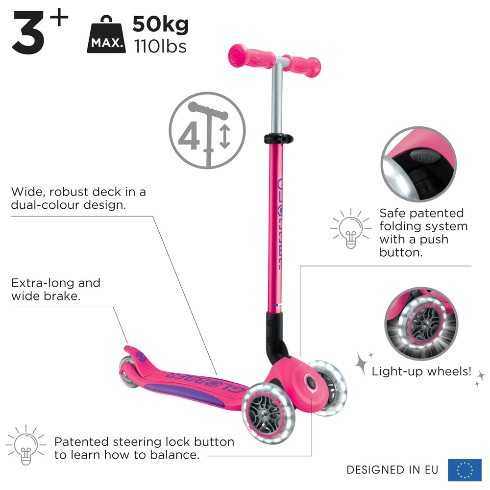 Globber Primo Foldable Plus Lights Scooter Pink