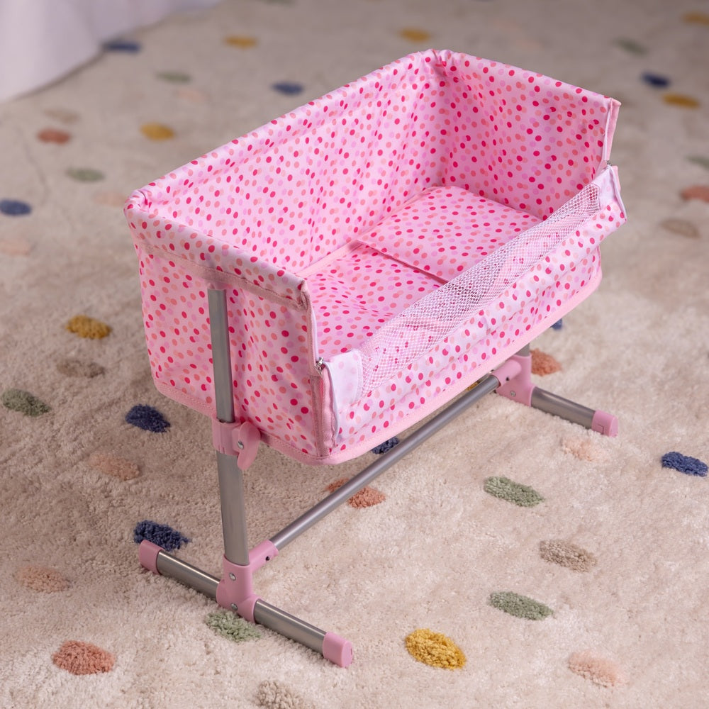 Doll Bedside Crib With Pillow And Quilt In Pink Spot Print