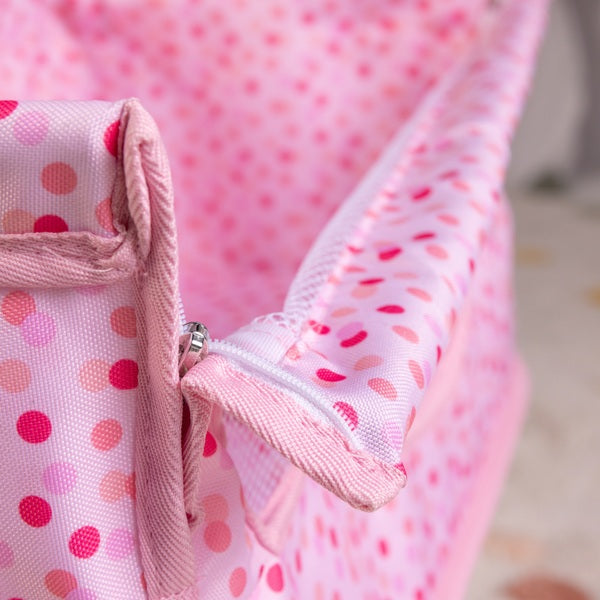 Doll Bedside Crib With Pillow And Quilt In Pink Spot Print