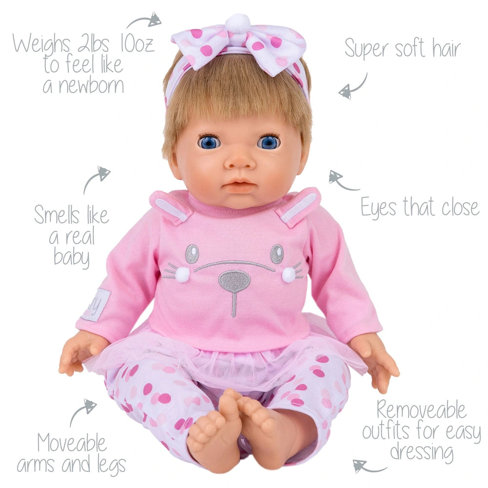 Tiny Treasures 44Cm Weighted Reborn Baby Doll In Pink Bunny Outfit
