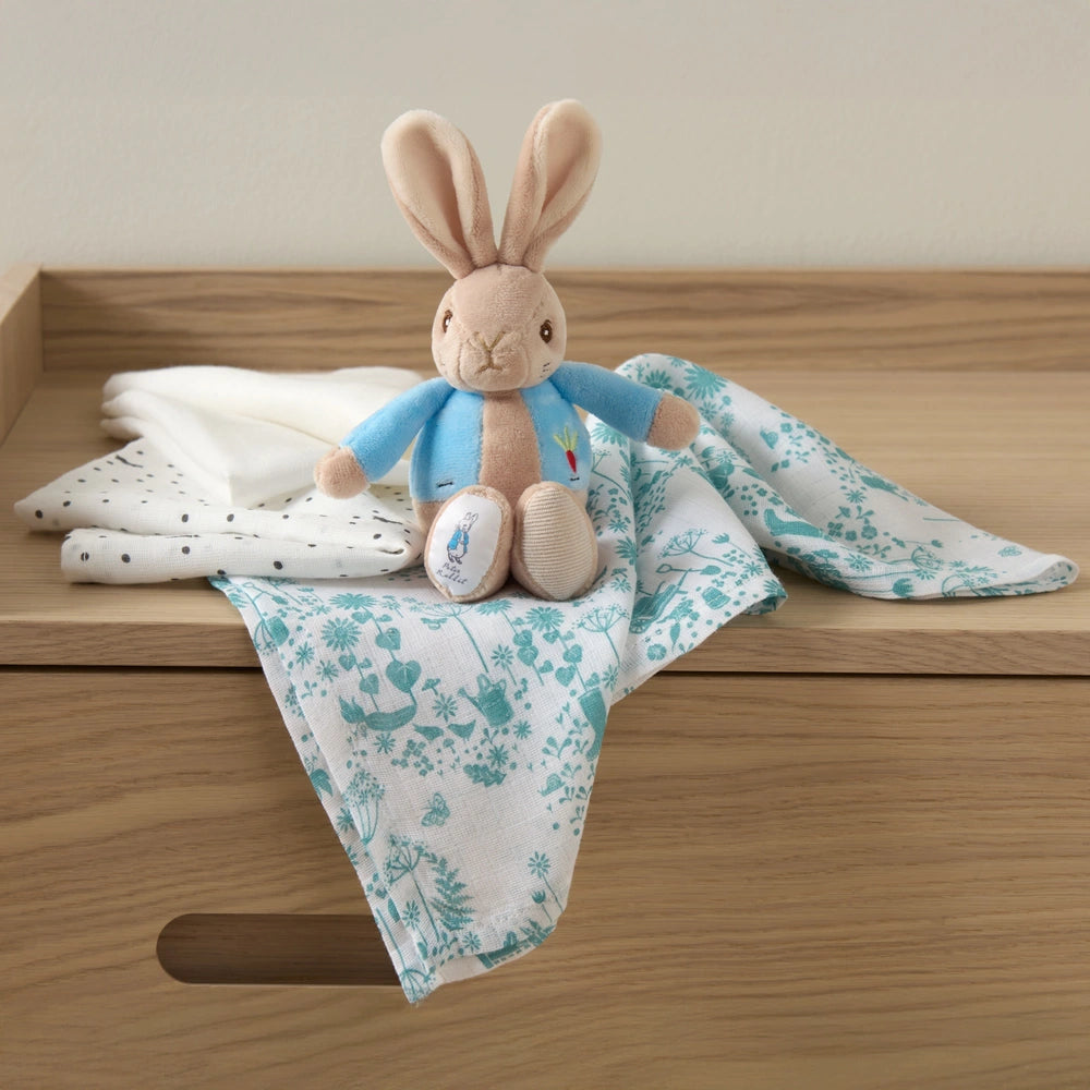 Peter Rabbit Soft Toy And Cotton Muslins Baby Gift Set
