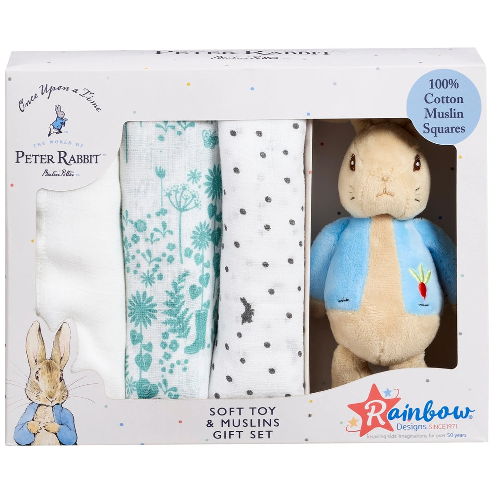 Peter Rabbit Soft Toy And Cotton Muslins Baby Gift Set