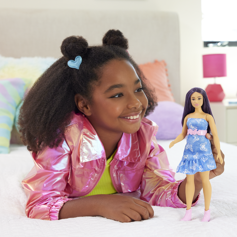 Barbie Fashionistas Doll 231 With Purple Hair & Denim Butterfly Dress