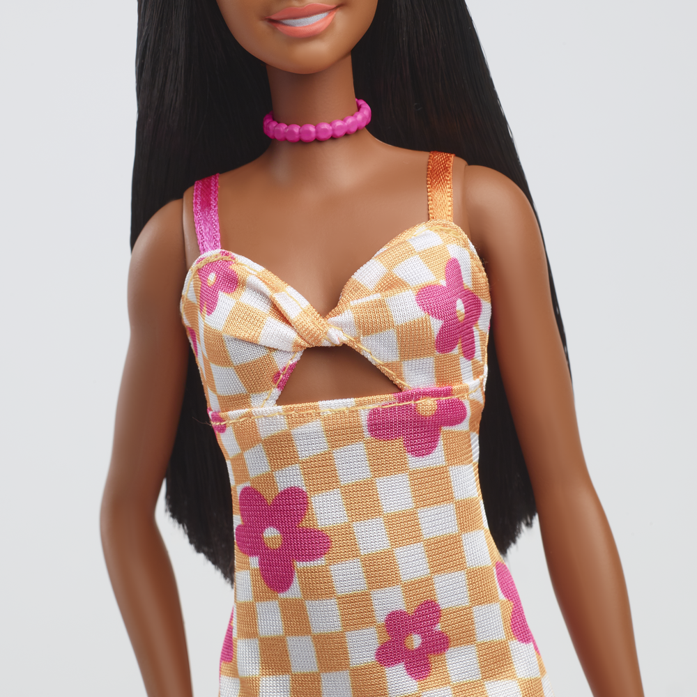 Barbie Fashionistas Doll 233 With Black Hair & Checkered Flower Midi Dress