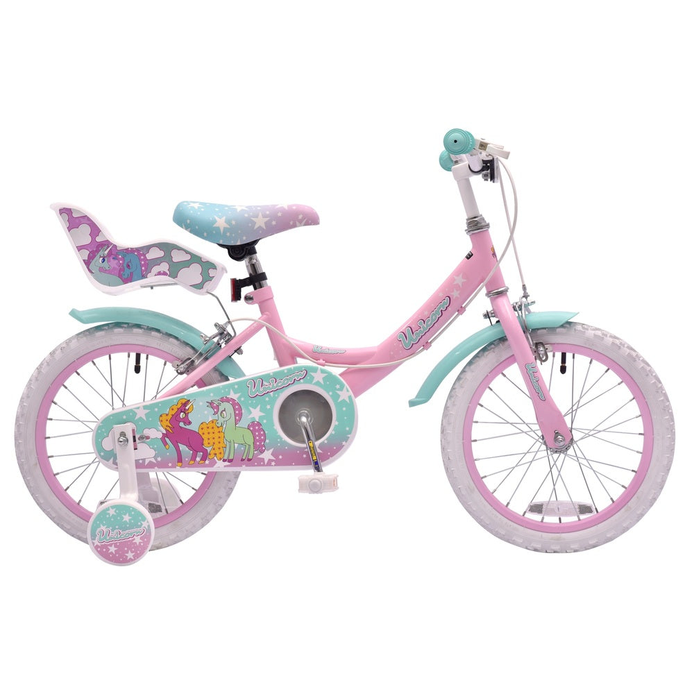 16 Inch Unicorn Bike With Doll Carrier Pastel Pink And Blue