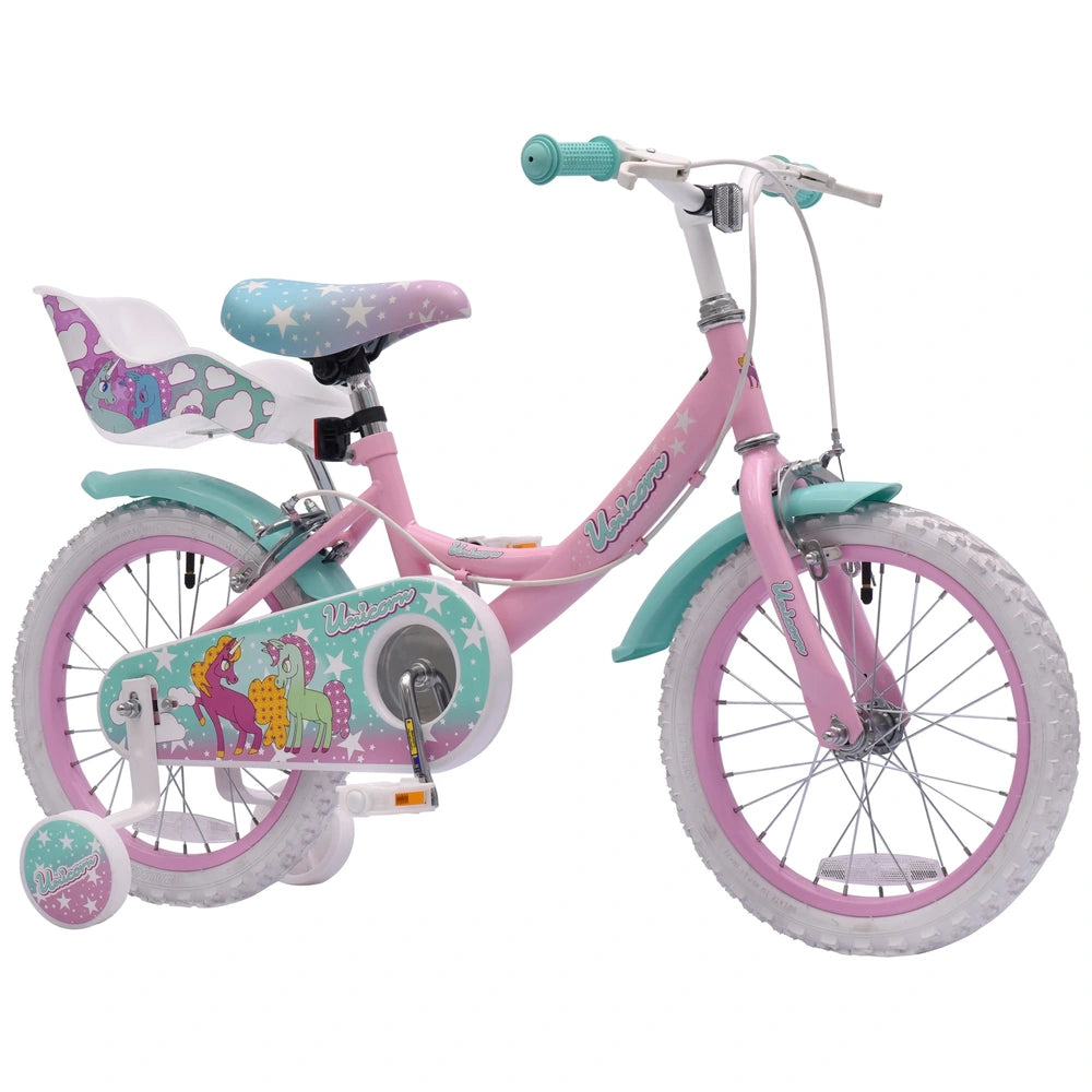 16 Inch Unicorn Bike With Doll Carrier Pastel Pink And Blue
