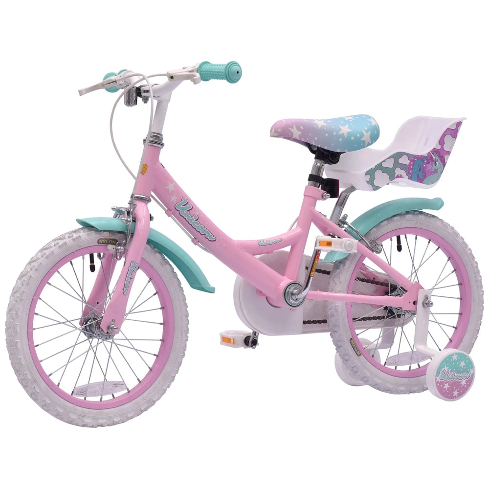 16 Inch Unicorn Bike With Doll Carrier Pastel Pink And Blue