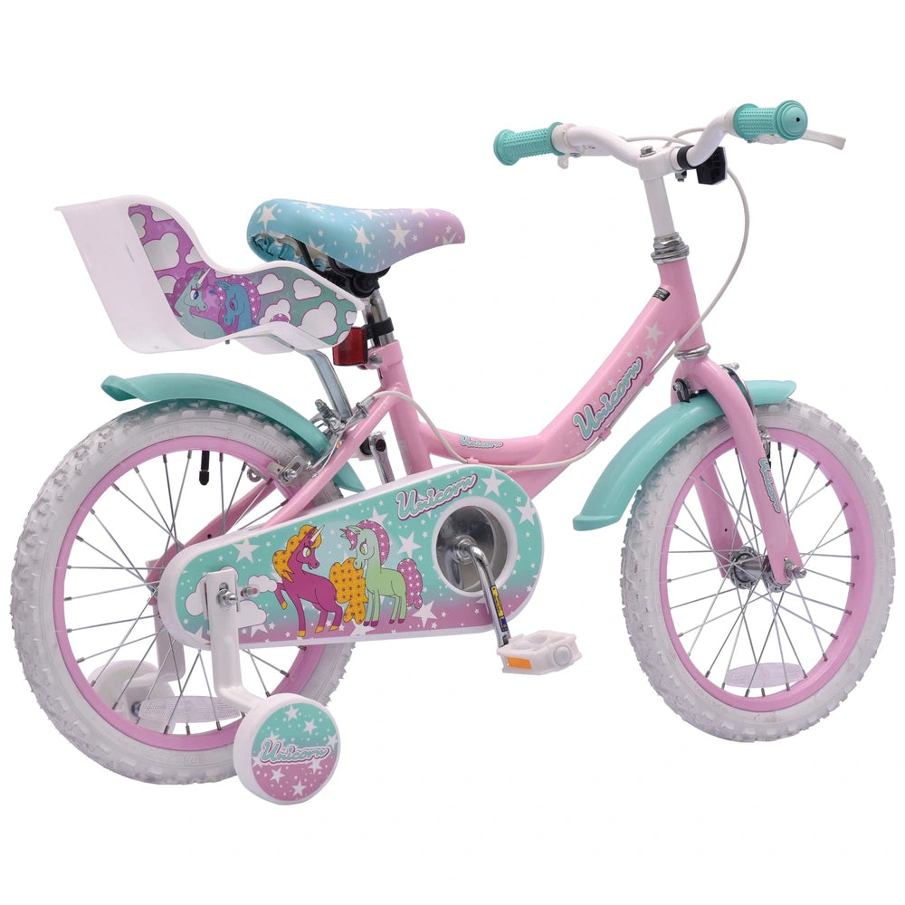 16 Inch Unicorn Bike With Doll Carrier Pastel Pink And Blue