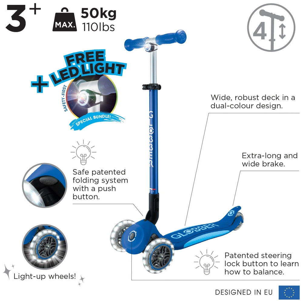 Globber Primo Plus Lights Folding Scooter Blue