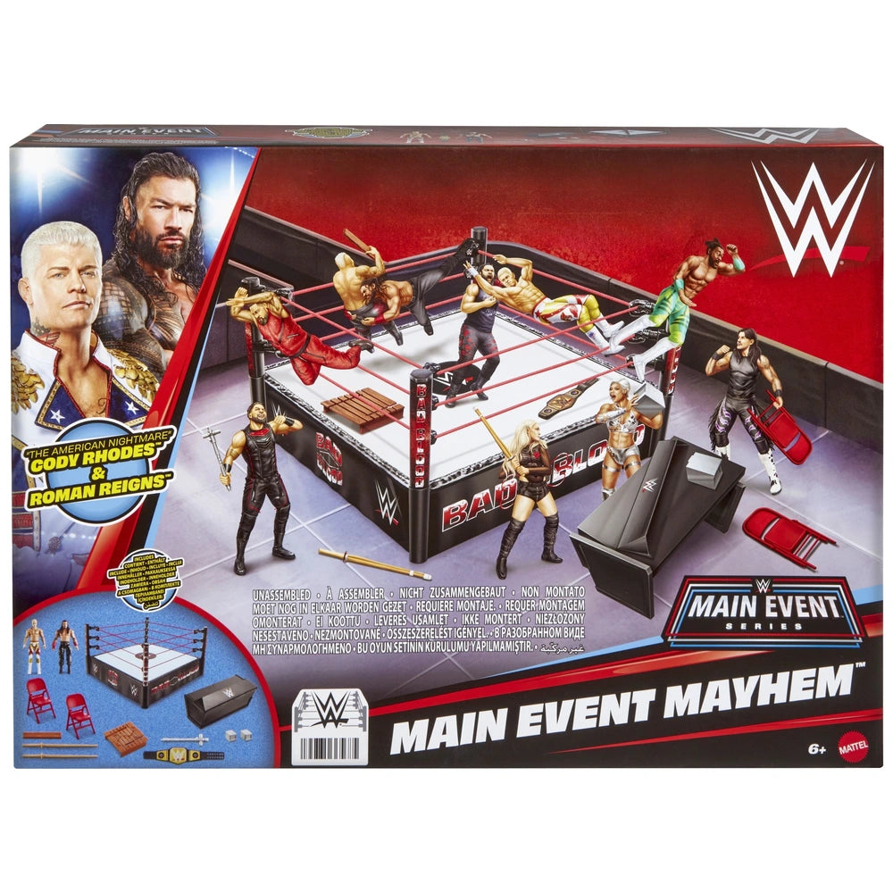 Wwe Main Event Mayhem Ring Playset With Cody Rhodes And Roman Reigns Action Figures