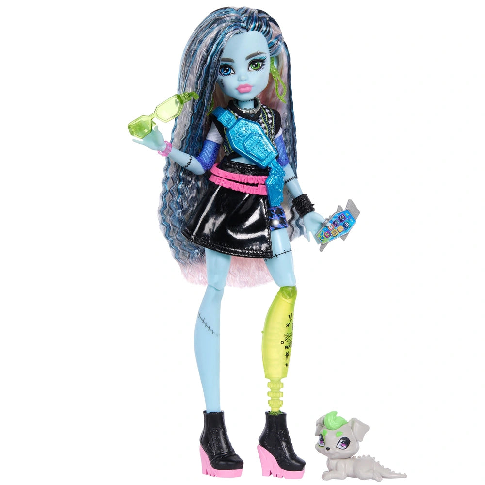 Monster High Frankie Stein Fashion Doll In Black Pleather Skirt With Pet Watzie And 7 Accessories