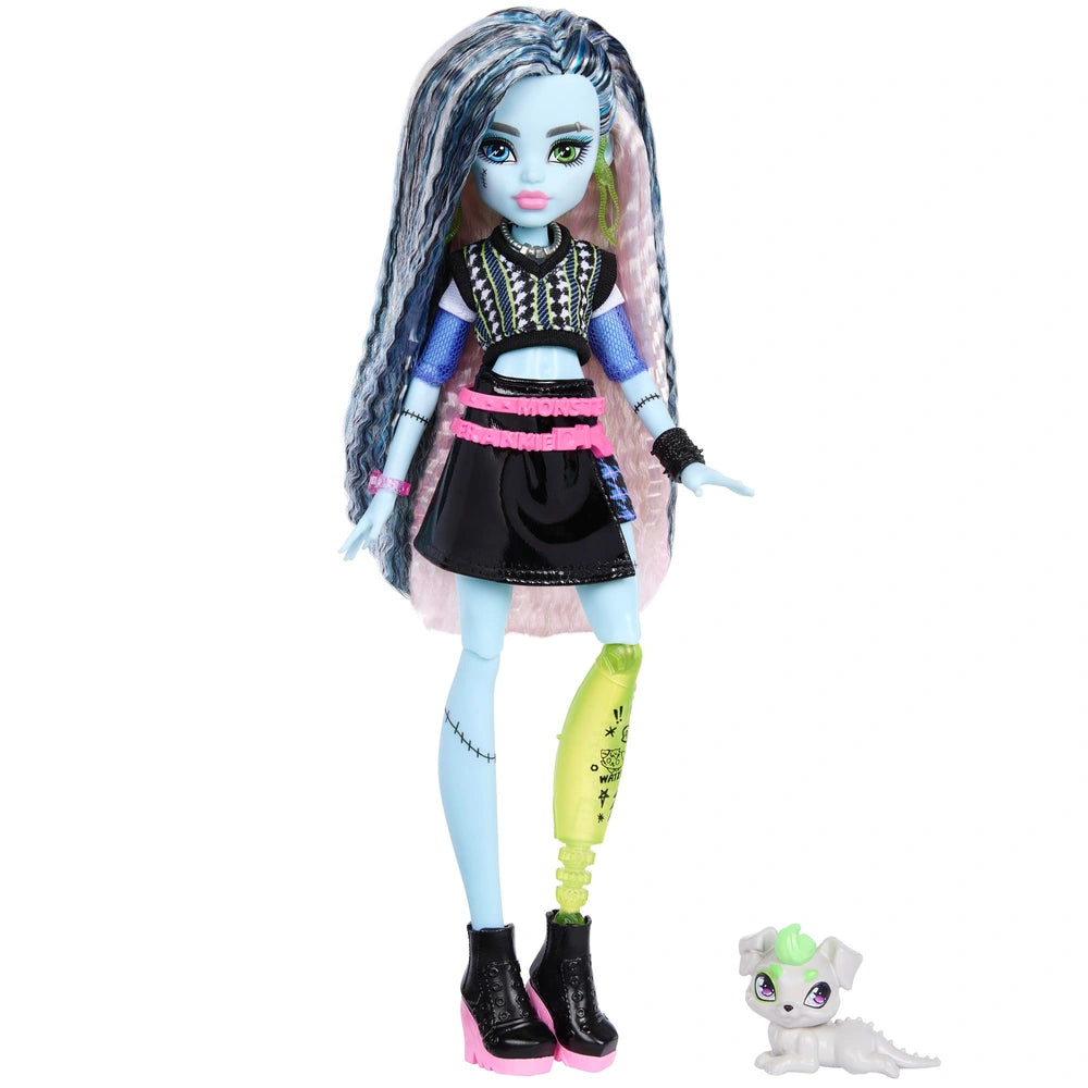 Monster High Frankie Stein Fashion Doll In Black Pleather Skirt With Pet Watzie And 7 Accessories